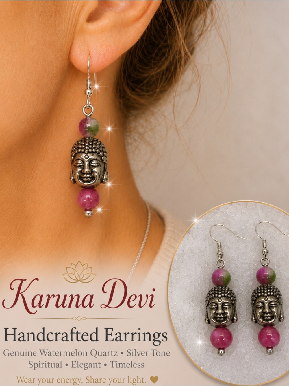 Watermelon Quart Pink Green Genuine Stone Bead Earrings